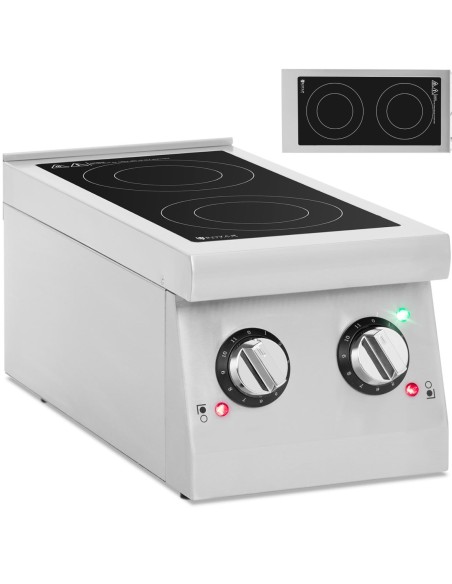 
Indukcinė viryklė, 2 degikliai, reguliuojamas skersmuo. 12-26 cm 3000 W
