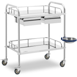 
Laboratorinis kosmetinis gydymo vežimėlis pagamintas iš plieno, 2 lentynos, 2 stalčiai, 65 x 60 x 86 cm, 20 kg
