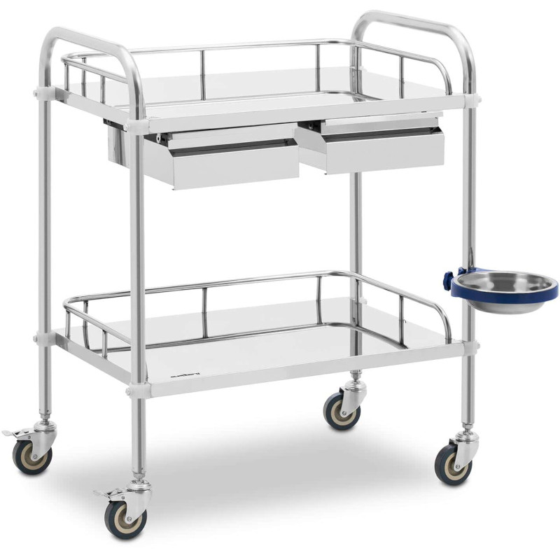 
Laboratorinis kosmetinis gydymo vežimėlis pagamintas iš plieno, 2 lentynos, 2 stalčiai, 65 x 60 x 86 cm, 20 kg
