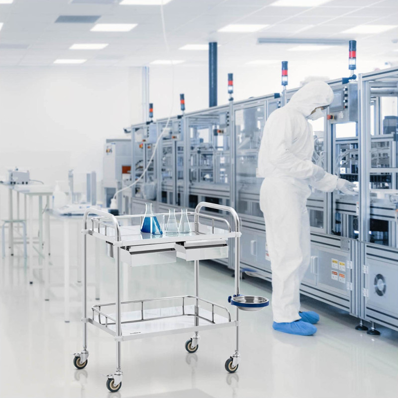 Laboratorinis kosmetinis gydymo vežimėlis pagamintas iš plieno, 2 lentynos, 2 stalčiai, 65 x 60 x 86 cm, 20 kg
