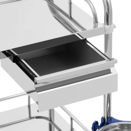 
Laboratorinis kosmetinis gydymo vežimėlis pagamintas iš plieno, 2 lentynos, 2 stalčiai, 65 x 60 x 86 cm, 20 kg
