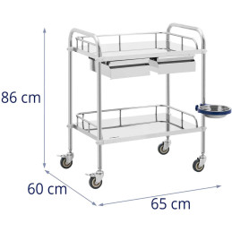 
Laboratorinis kosmetinis gydymo vežimėlis pagamintas iš plieno, 2 lentynos, 2 stalčiai, 65 x 60 x 86 cm, 20 kg

