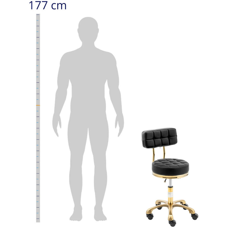 Taburetė, kosmetinė taburetė su atlošu ant ratukų, iki 150 kg GELA, juoda ir auksinė