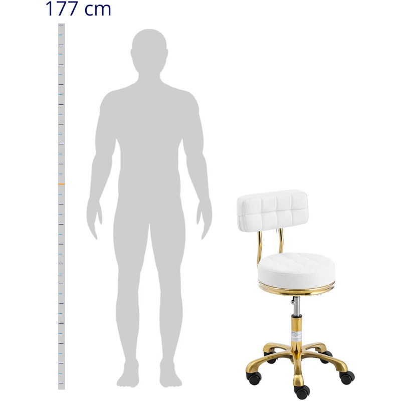 Taburetė, kosmetinė taburetė su atlošu ant ratukų, iki 150 kg GELA, balta ir auksinė