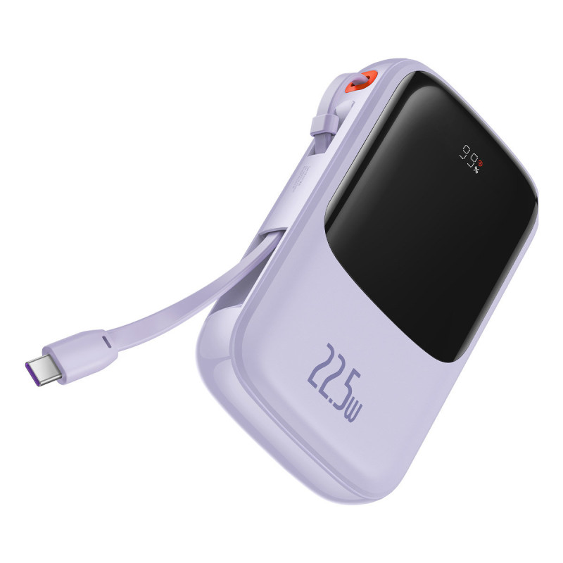 Qpow Powerbank 10000mAh įtaisytas USB Type-C laidas 22.5W Quick Charge violetinė