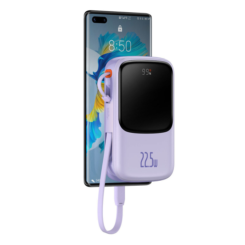 Qpow Powerbank 10000mAh įtaisytas USB Type-C laidas 22.5W Quick Charge violetinė