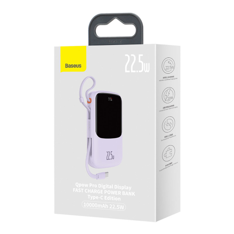 Qpow Powerbank 10000mAh įtaisytas USB Type-C laidas 22.5W Quick Charge violetinė
