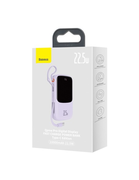 Qpow Powerbank 10000mAh įtaisytas USB Type-C laidas 22.5W Quick Charge violetinė Qpow Powerbank 10000mAh įtaisytas USB Type-C laidas 22.5W Quick Charge violetinė