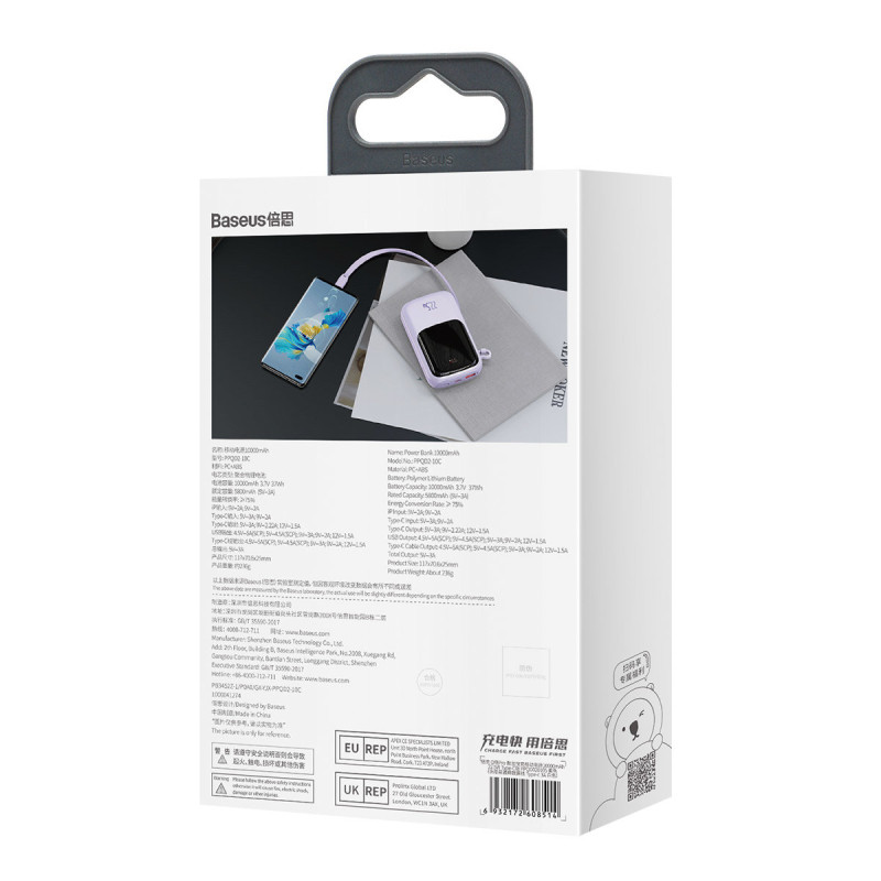 Qpow Powerbank 10000mAh įtaisytas USB Type-C laidas 22.5W Quick Charge violetinė