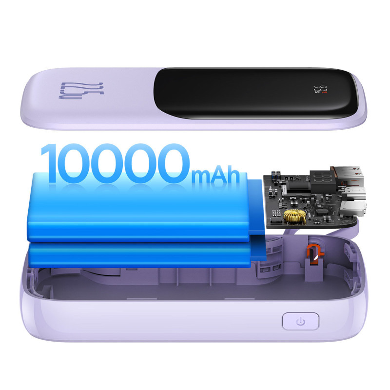 Qpow Powerbank 10000mAh įtaisytas USB Type-C laidas 22.5W Quick Charge violetinė