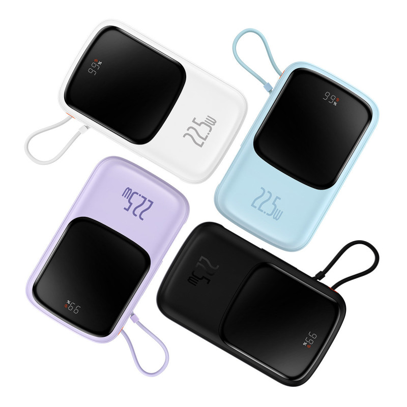 Qpow Powerbank 10000mAh įtaisytas USB Type-C laidas 22.5W Quick Charge violetinė