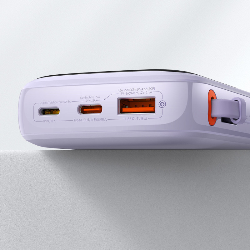 Qpow Powerbank 10000mAh įtaisytas USB Type-C laidas 22.5W Quick Charge violetinė