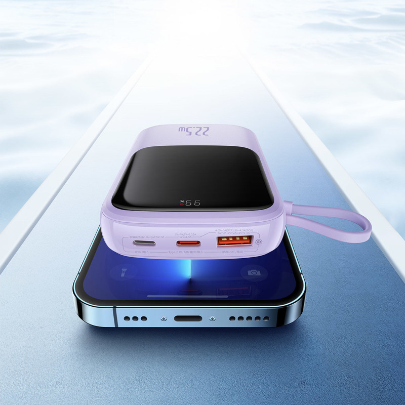 Qpow Powerbank 10000mAh įtaisytas USB Type-C laidas 22.5W Quick Charge violetinė