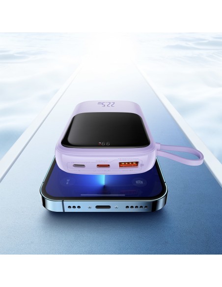 Qpow Powerbank 10000mAh įtaisytas USB Type-C laidas 22.5W Quick Charge violetinė Qpow Powerbank 10000mAh įtaisytas USB Type-C laidas 22.5W Quick Charge violetinė