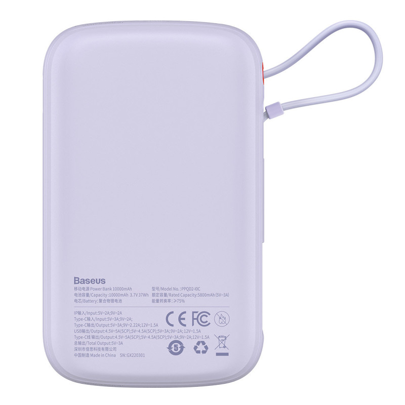 Qpow Powerbank 10000mAh įtaisytas USB Type-C laidas 22.5W Quick Charge violetinė