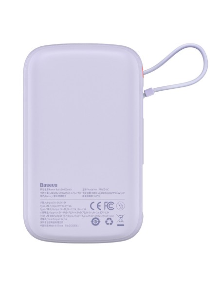 Qpow Powerbank 10000mAh įtaisytas USB Type-C laidas 22.5W Quick Charge violetinė Qpow Powerbank 10000mAh įtaisytas USB Type-C laidas 22.5W Quick Charge violetinė