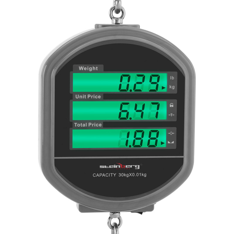 Pakabinamos kainų skaičiavimo kablio svarstyklės su keptuve + nuotolinio valdymo pultelis 0,1-30kg / 5g