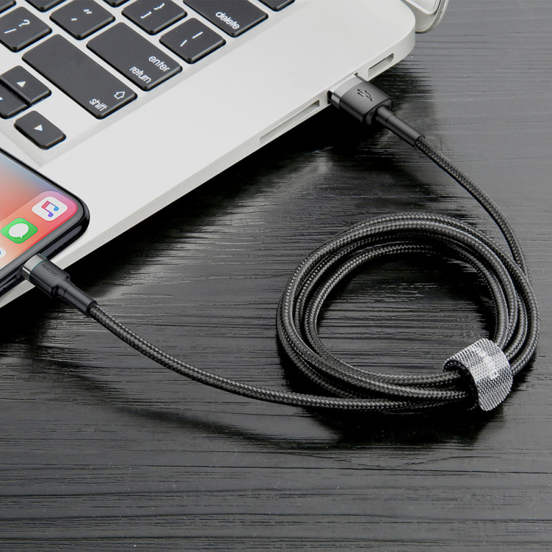 Patvarus pintas kabelis, skirtas iPhone USB - Lightning QC3.0 2.4A 1m juodai pilkas