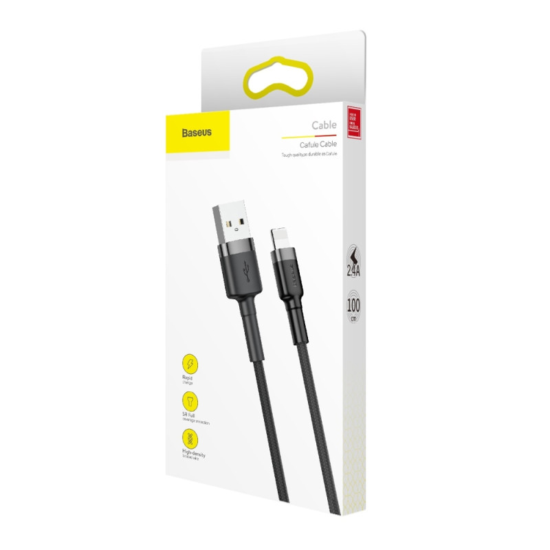Patvarus pintas kabelis, skirtas iPhone USB - Lightning QC3.0 2.4A 1m juodai pilkas