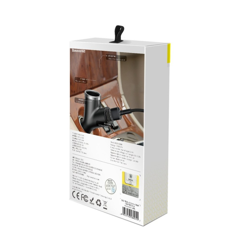 Y-Type automobilinis pakrovėjas 2x USB + cigarečių degiklio lizdas 3.4A, juodas