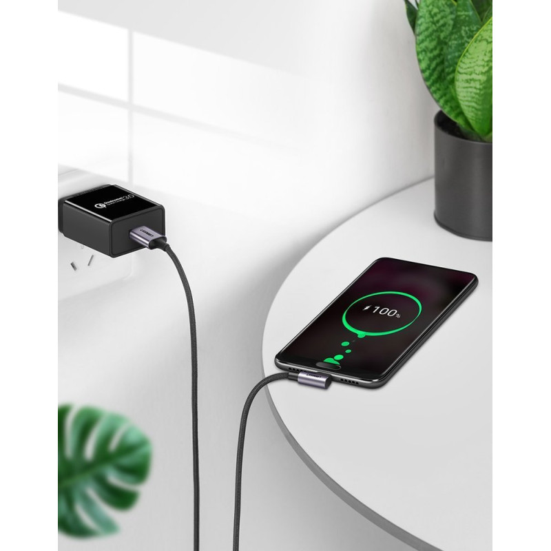 Kabelio kampinis kabelio šoninis USB kištukas – USB-C 1m 3A pilka