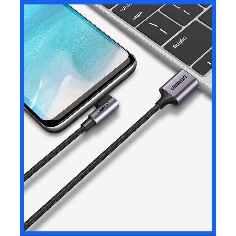 Kabelio kampinis kabelio šoninis USB kištukas – USB-C 1m 3A pilka