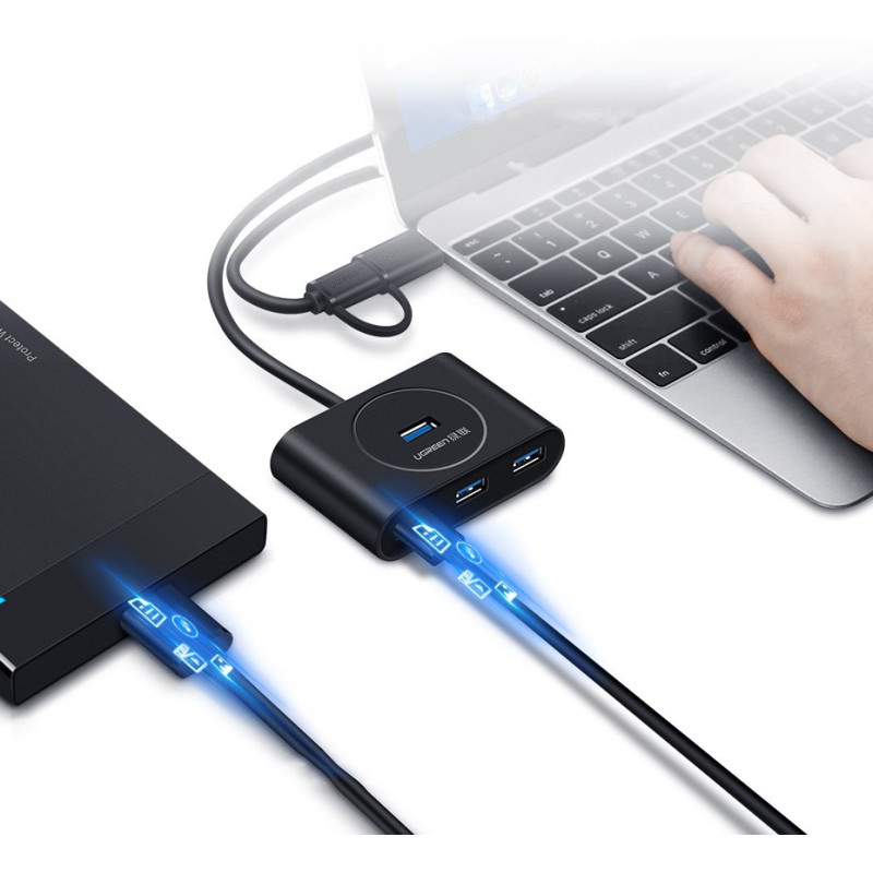 USB prievado HUB skirstytuvas 4x USB 3.2 kabeliui 0,5 m juodas