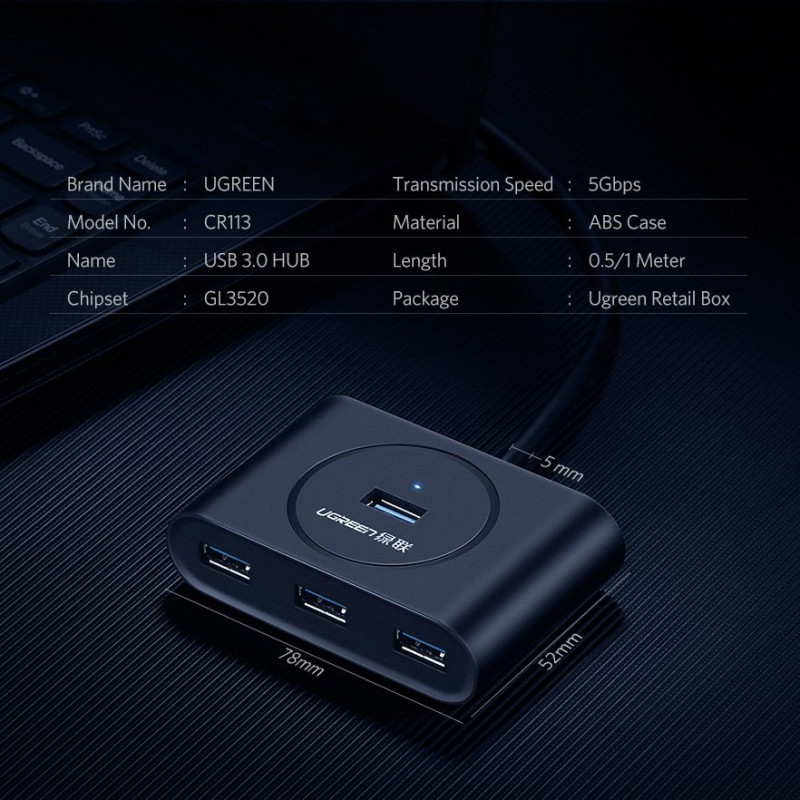 USB prievado HUB skirstytuvas 4x USB 3.2 kabeliui 0,5 m juodas