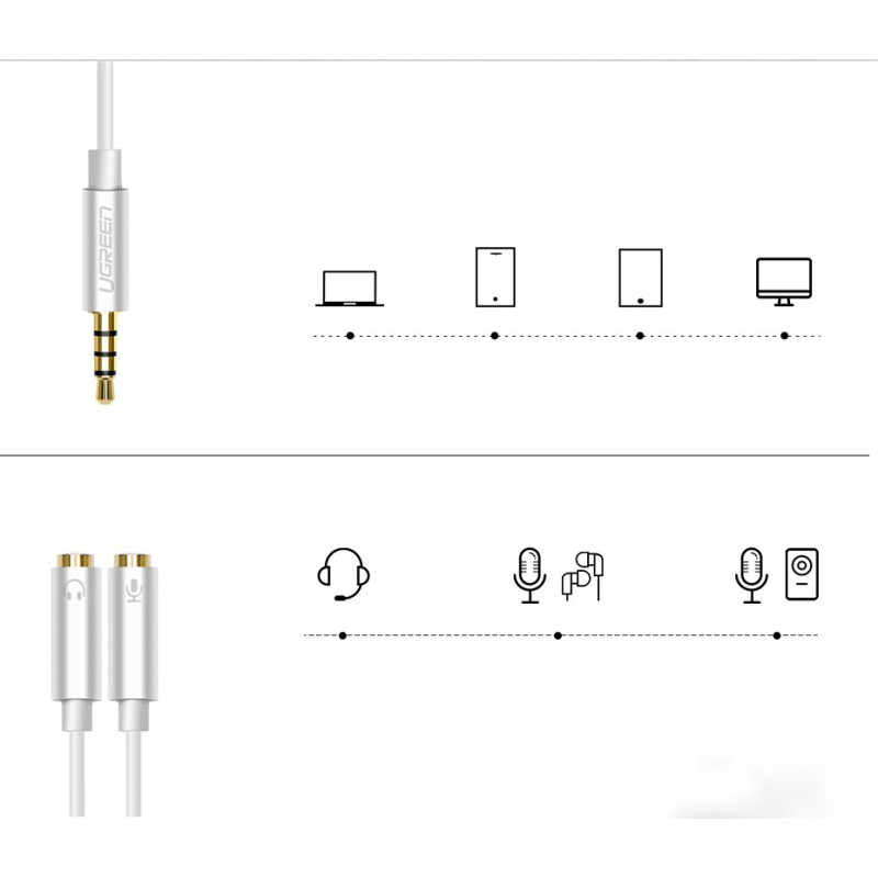 Ausinių skirstytuvas 3,5 mm mini AUX lizdas + stereo mikrofonas 20 cm sidabrinis
