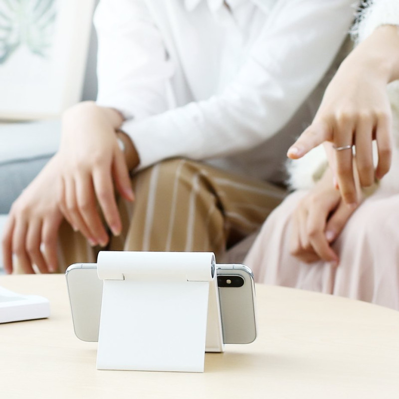 Reguliuojamas stalinis stovas telefonui, planšetei, baltas