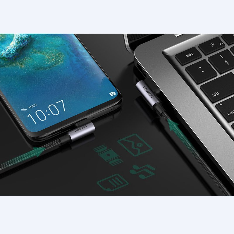 Kampinis pintas kabelis USB - USB-C Quick Charge 3,0 2m, pilkas