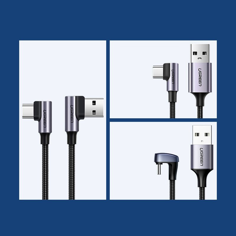 Kampinis pintas kabelis USB - USB-C Quick Charge 3,0 2m, pilkas