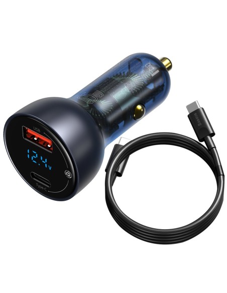 
USB automobilinis įkroviklis USB-C 65W 5A SCP QC PD LCD ekranas + USB-C laidas pilkas
