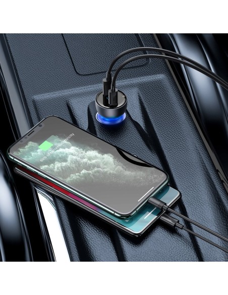 
USB automobilinis įkroviklis USB-C 65W 5A SCP QC PD LCD ekranas + USB-C laidas pilkas
