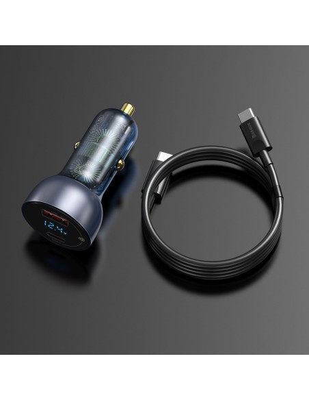 
USB automobilinis įkroviklis USB-C 65W 5A SCP QC PD LCD ekranas + USB-C laidas pilkas
