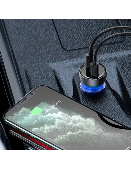 
USB automobilinis įkroviklis USB-C 65W 5A SCP QC PD LCD ekranas + USB-C laidas pilkas
