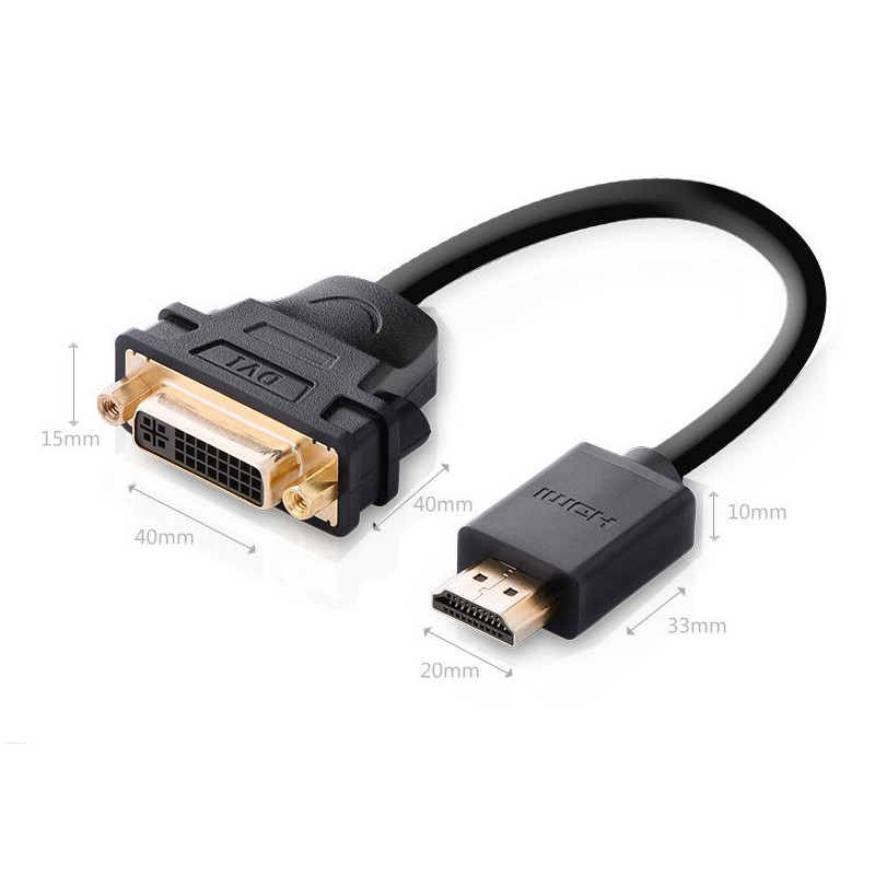 Kabelio adapterio adapteris DVI lizdas - HDMI kištukas 22cm juodas