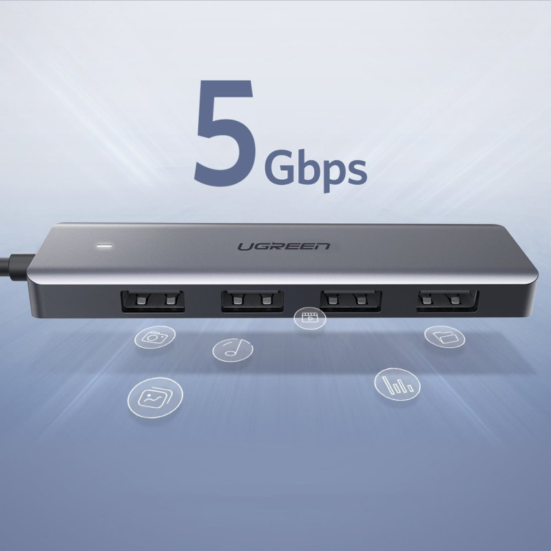 HUB USB prievado skirstytuvas – 4x USB 3.2 su mikro USB maitinimo prievadu, pilka