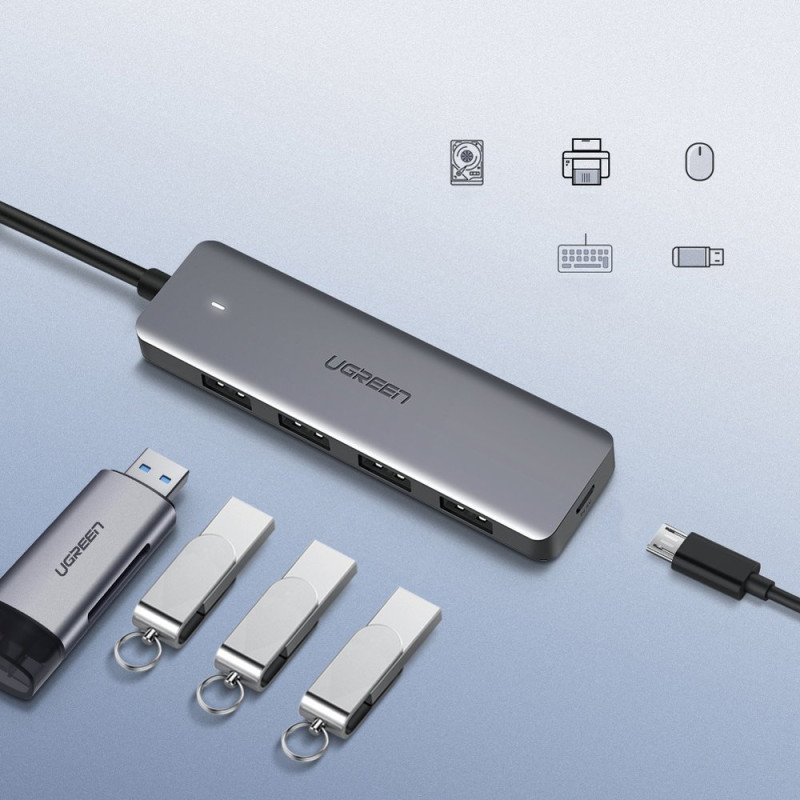 HUB USB prievado skirstytuvas – 4x USB 3.2 su mikro USB maitinimo prievadu, pilka