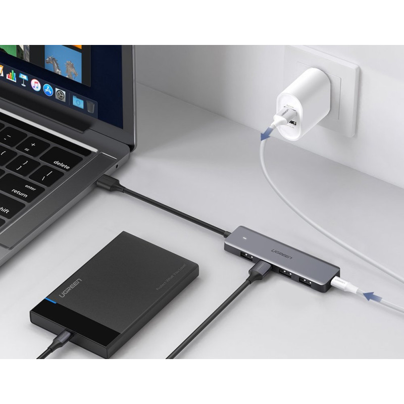 HUB USB prievado skirstytuvas – 4x USB 3.2 su mikro USB maitinimo prievadu, pilka