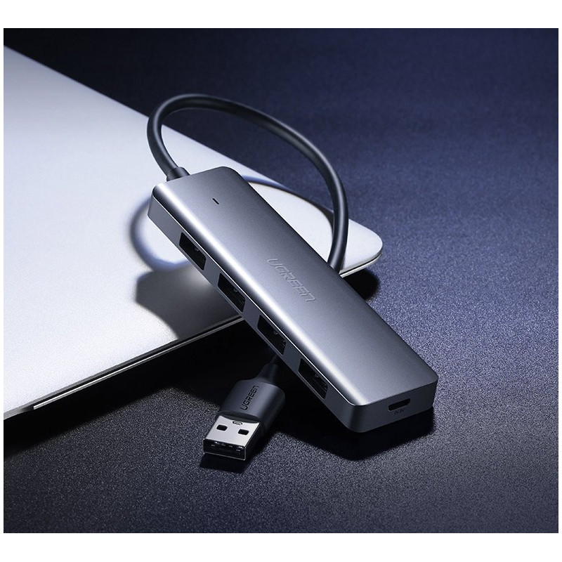 HUB USB prievado skirstytuvas – 4x USB 3.2 su mikro USB maitinimo prievadu, pilka