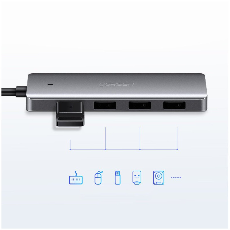 
HUB USB-C skirstytuvas – 4x USB 3.2 su USB-C maitinimo prievadu, pilka

