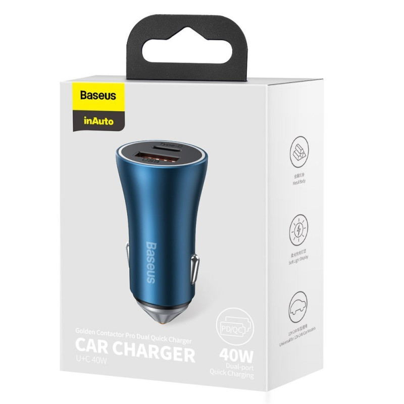 Greitas USB-C / USB automobilinis įkroviklis Golden Contactor Pro mėlynas