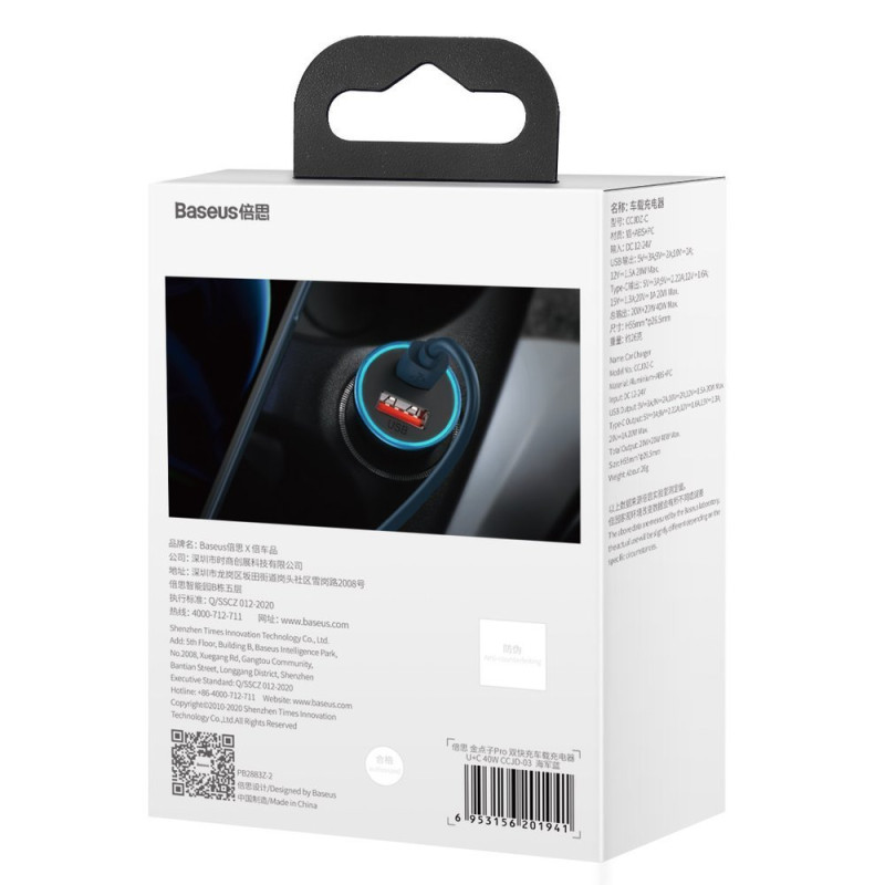 Greitas USB-C / USB automobilinis įkroviklis Golden Contactor Pro mėlynas
