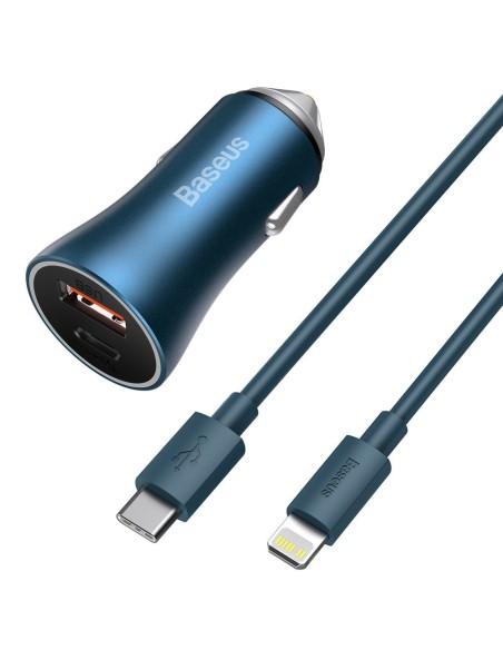 
Greitas 40 W PD QC USB-C / USB automobilinis įkroviklis + mėlynas iPhone laidas
