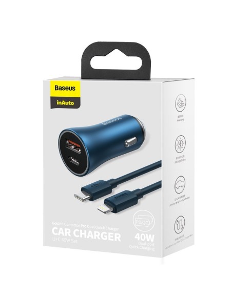 
Greitas 40 W PD QC USB-C / USB automobilinis įkroviklis + mėlynas iPhone laidas
