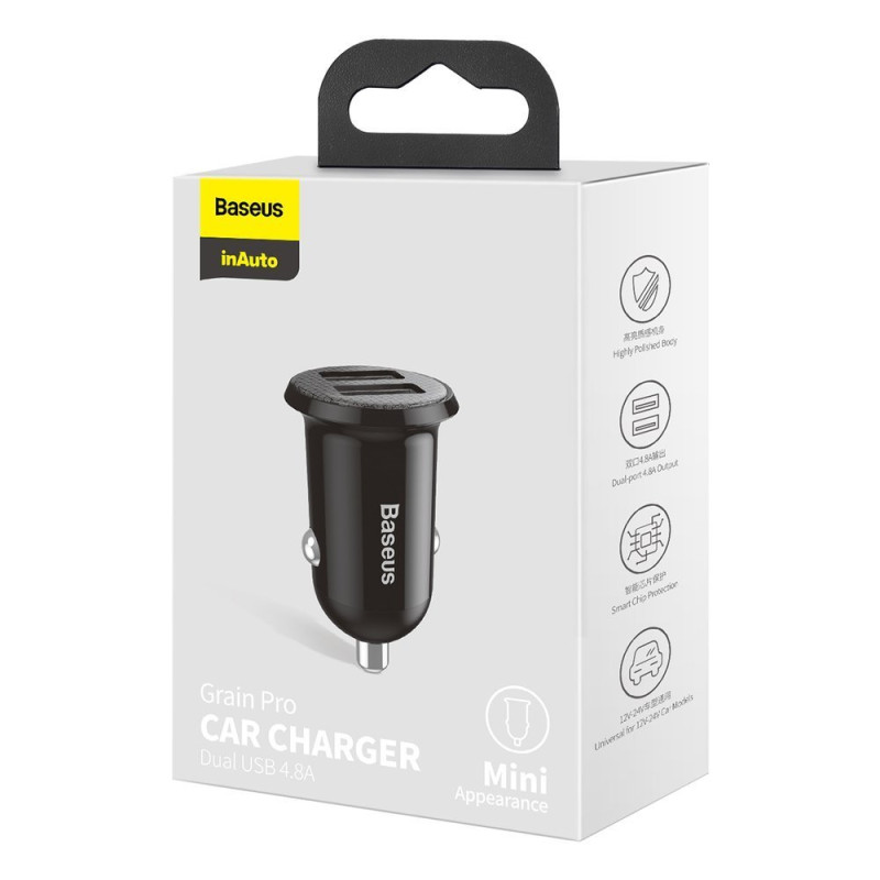 Grain PRO 2x USB 4.8A automobilinis įkroviklis, juodas