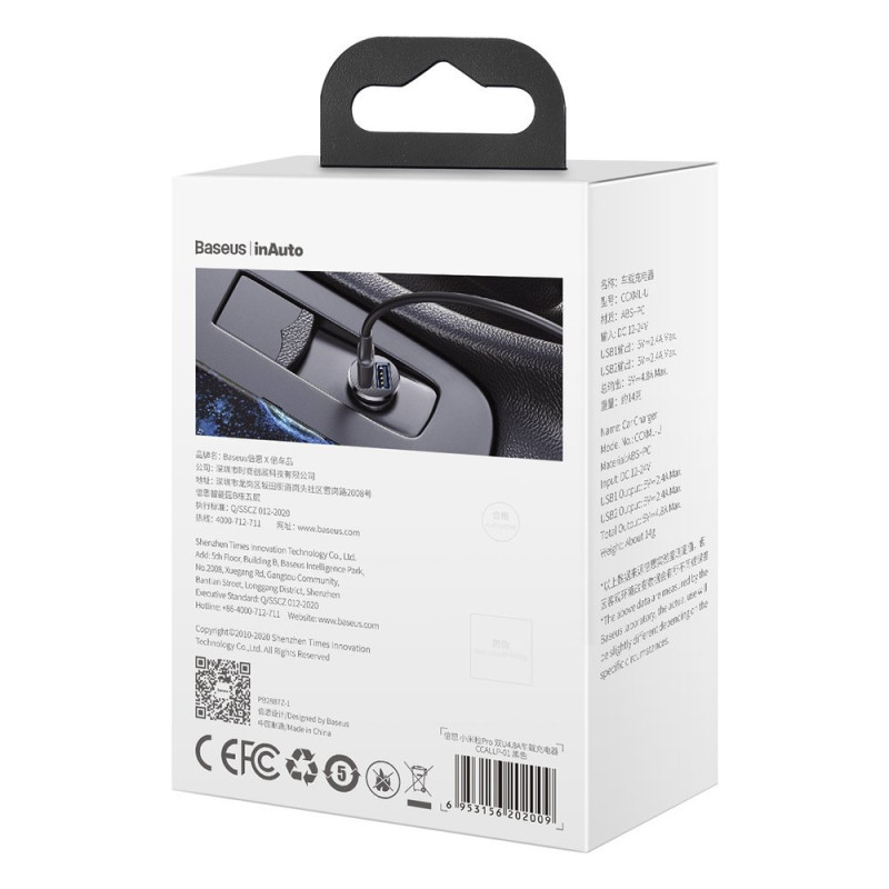 Grain PRO 2x USB 4.8A automobilinis įkroviklis, juodas