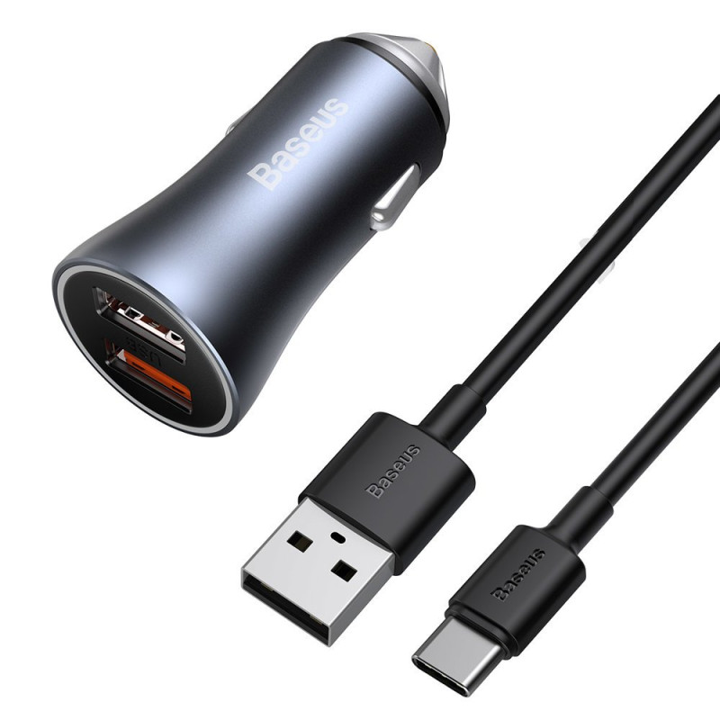 
Greitas automobilinis įkroviklis 2x USB 40W QC SCP FCP AFC + USB-C laidas pilkas
