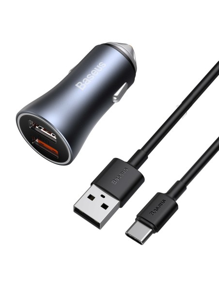 
Greitas automobilinis įkroviklis 2x USB 40W QC SCP FCP AFC + USB-C laidas pilkas
